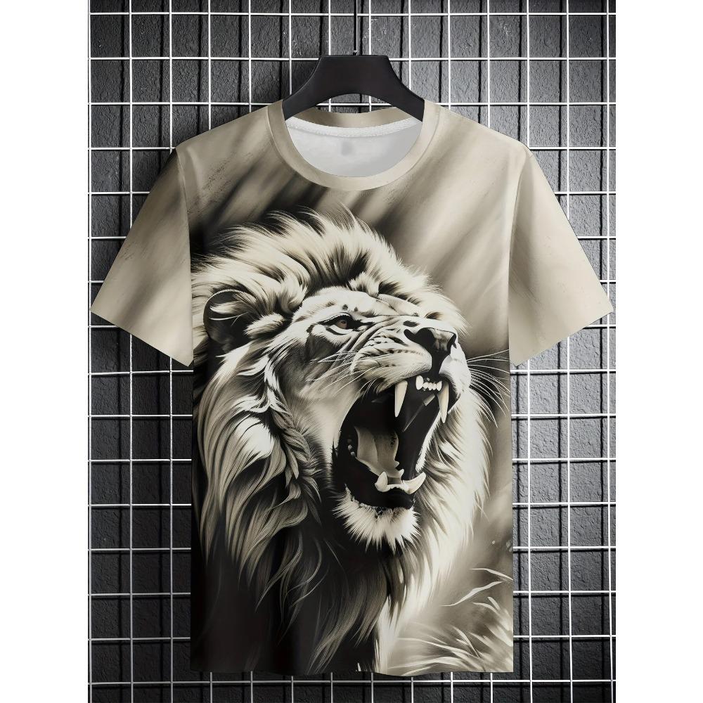 Men's Fashion Lion Print Short Sleeve Crew Neck Soft Breathable Casual Wear Outdoor Activities Summer Essential