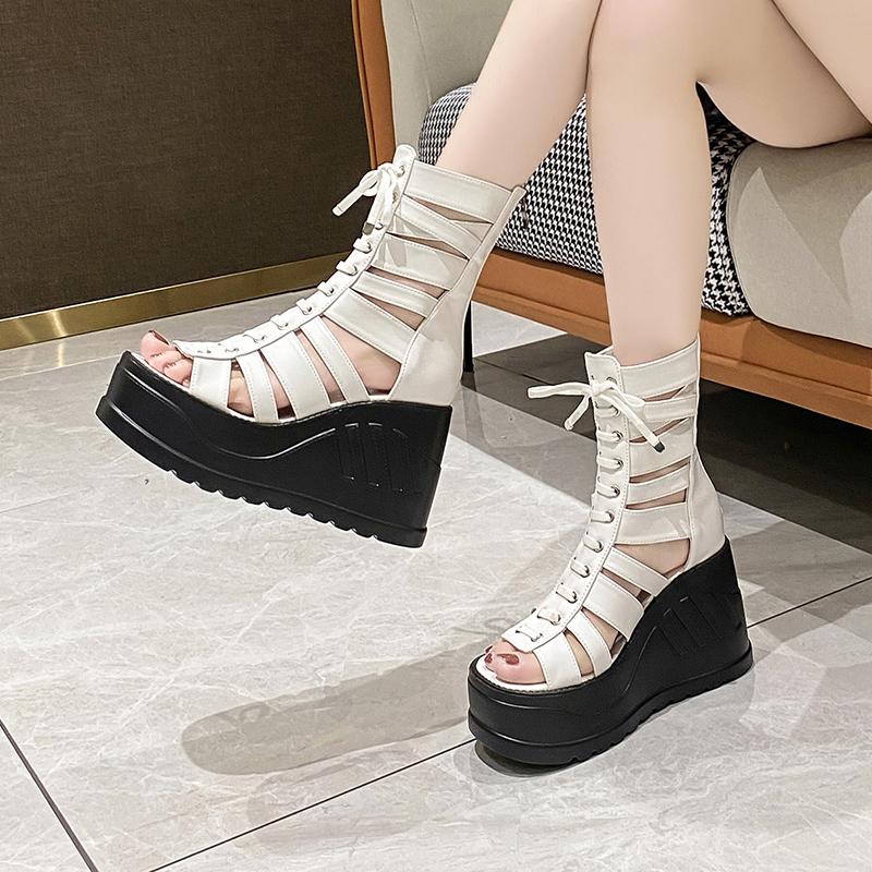 Sandal Platform Ritsleting Belakang Kepala Terbuka Ukuran Besar Kecil 32-43Wanita Sandal Gladiator Wedge Hak Tinggi Ol Elegan Musim Panas 2025Elegan