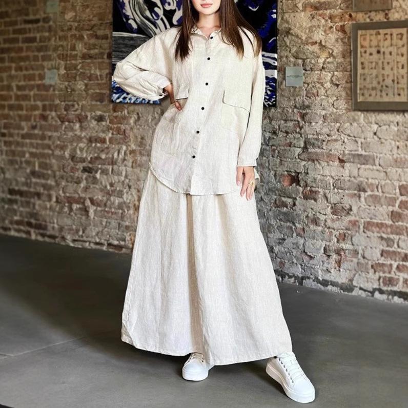 

Женский комплект из рубашки с длинным рукавом и юбки до щиколотки из смесового льна в земляных тонах (Коричневый, Бежевый, Черный) XL