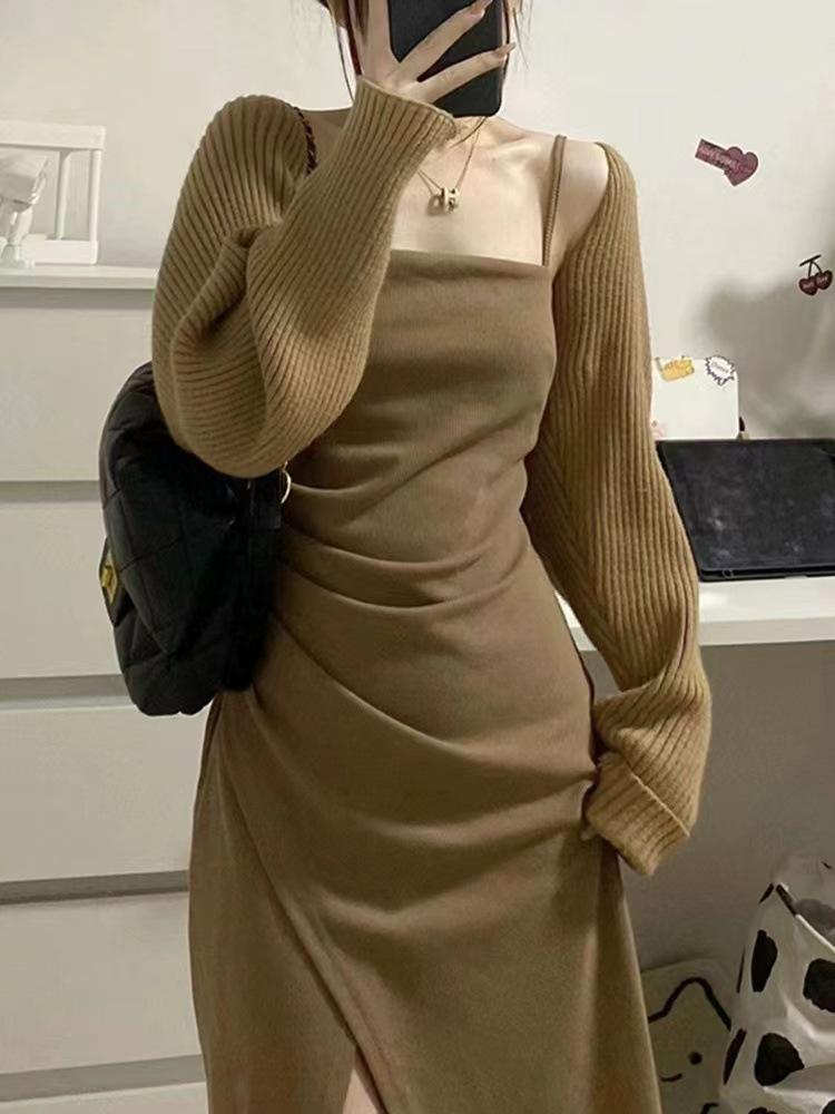 

Women s Autumn & Winter Knitted Cardigan with Camisole and Short Shawl One Size хакі