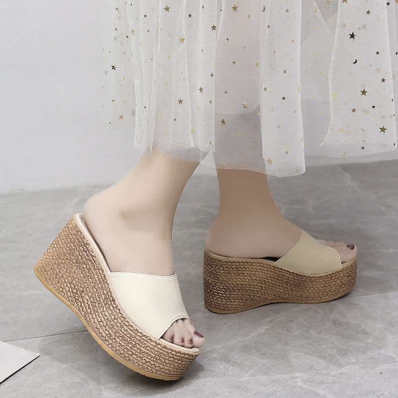 Wedge heel slippers women's summer white dress with wedding shoes high heels platform slippers women's height-increasing muffin shoes 9cm bridal shoes