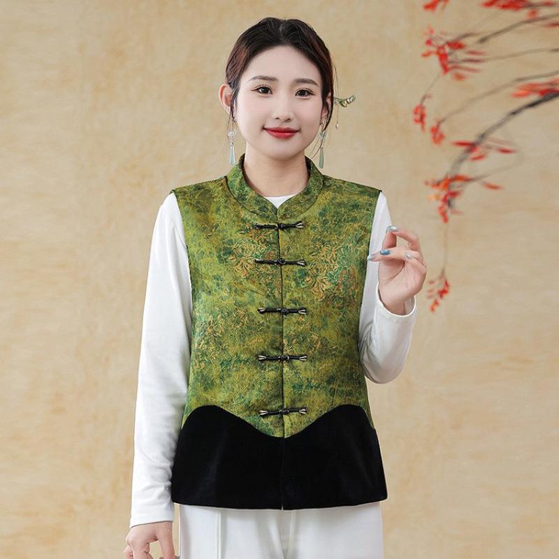 

2026 Spring Patchwork Fashion Vest for Middle-aged & Elderly Women - Tang Suit Style Outerwear 3XL (120-130 lbs) зелёный