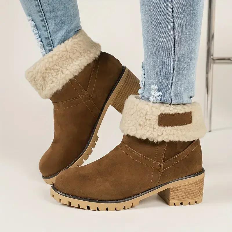 Fashion Autumn and Winter Fashion New Casual Comfortable Plus Velvet Warm Square Heel Round Toe Solid Color Women's  Ankle Boots Shoes