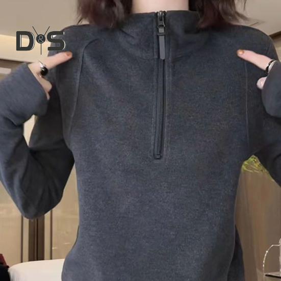 Lady Fall Winter Top Half Zipper Stand Collar Neck Protection Solid Color Loose Bottoming Sweatshirt Long Sleeves Elastic Layering Clothes for Sport