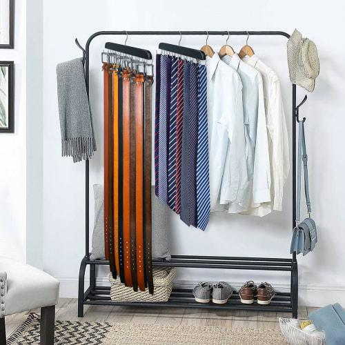 Resovo Belt Hanger for Closets, Holds up to 42 Belts, Belt Organizer with 14 Hooks, Durable Wood Belt Rack for Closet Organizer and Storage, Black, 1