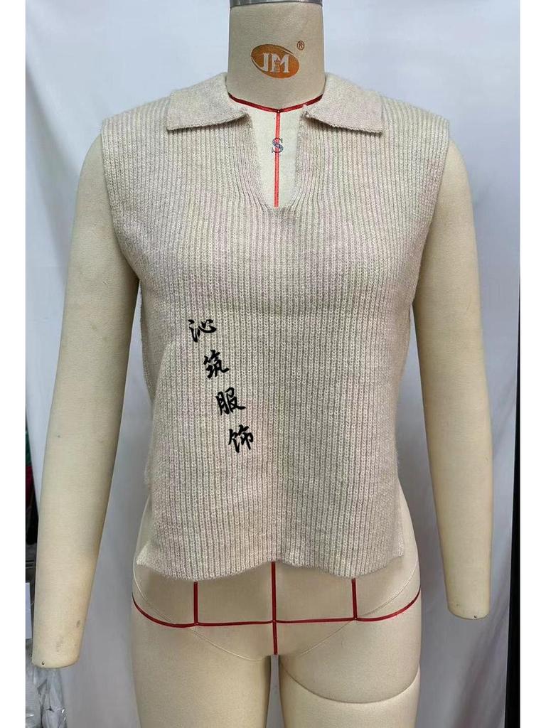 Women's High-End Deep V-Neck Knitted Sweater Tank with Turn-Down Collar