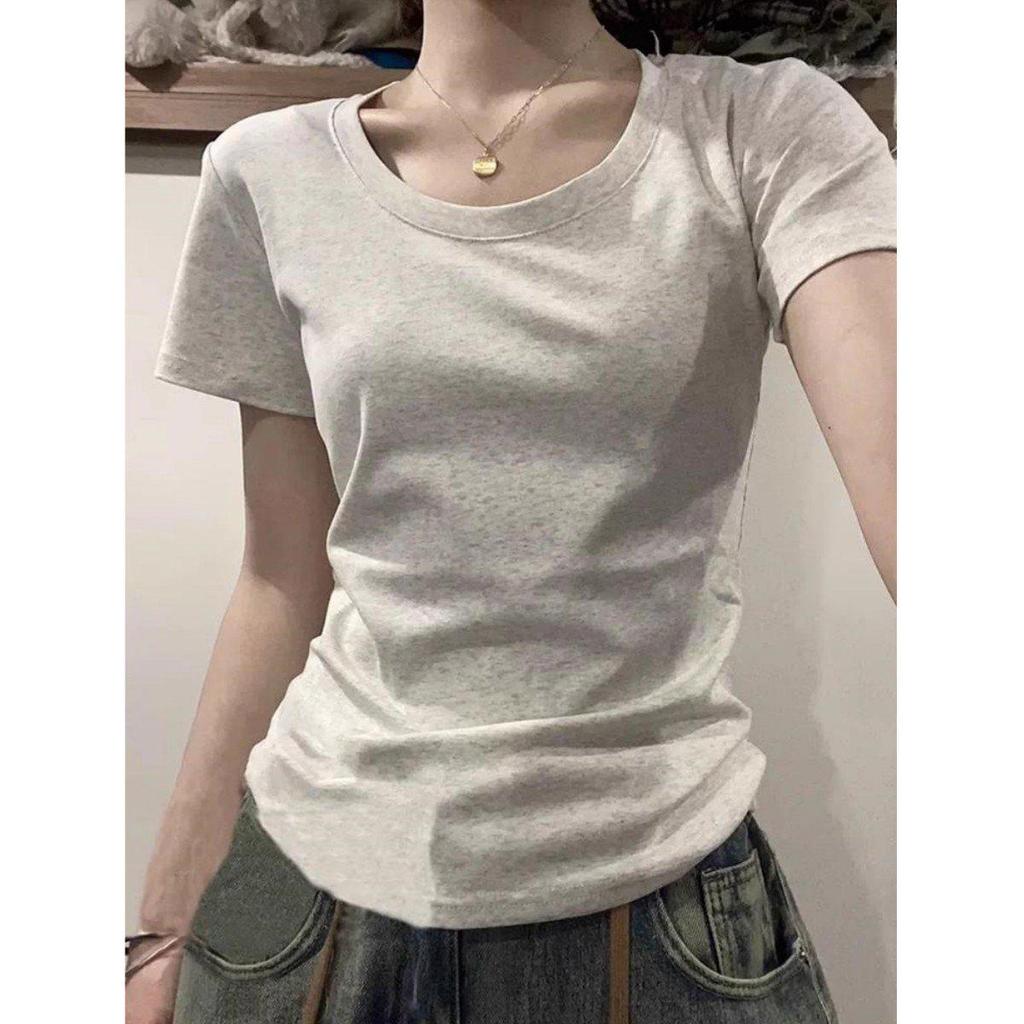 Women's Slim Fit Cotton T-Shirt: Short Sleeve, Solid Color, Straight Shoulder - Perfect Summer Base for a Trendy American Spicy Girl Look.