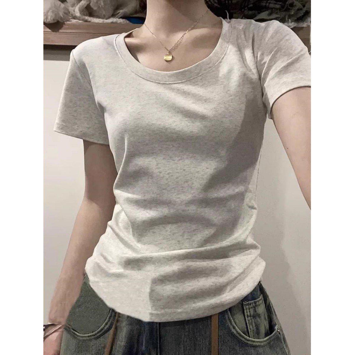 

Women s Slim Fit Cotton T-Shirt: Short Sleeve, Solid Color, Straight Shoulder - Perfect Summer Base for a Trendy American Spicy Girl Look. Large светло-серый