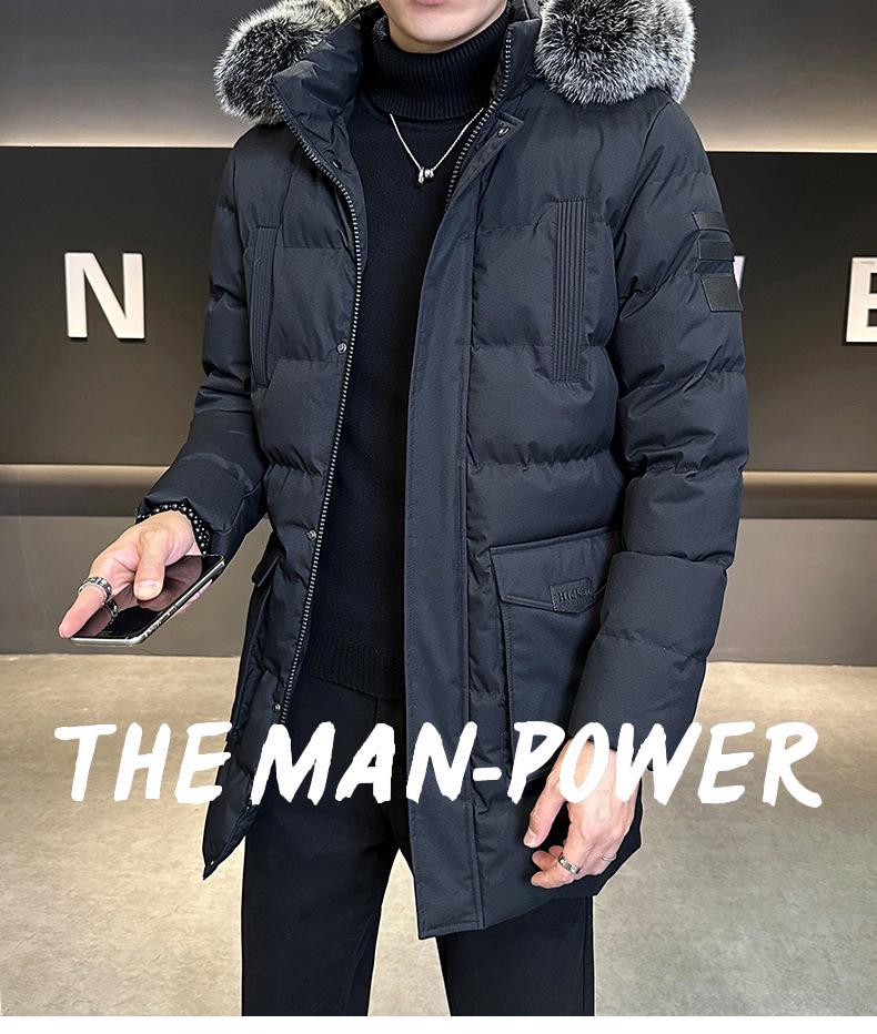 Men's Plus Size Casual Mid-Length Cotton Jacket with Fur Collar Hooded, Thickened for Warmth, High Quality