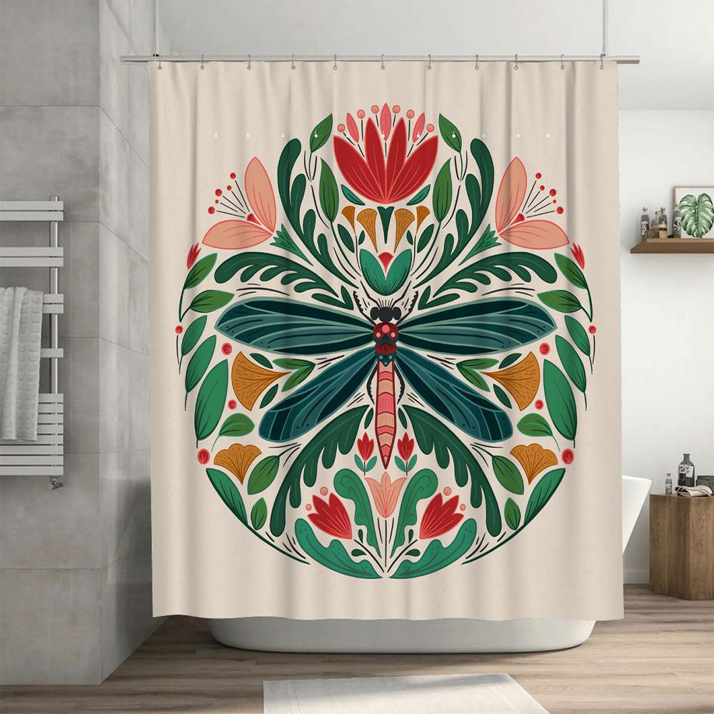Vintage Botanischer Duschvorhang Grün Libelle Blumenmuster Badezimmerdeko, Rosa Rot Weiß Bunter Druck Wasserdichter Stoff,
