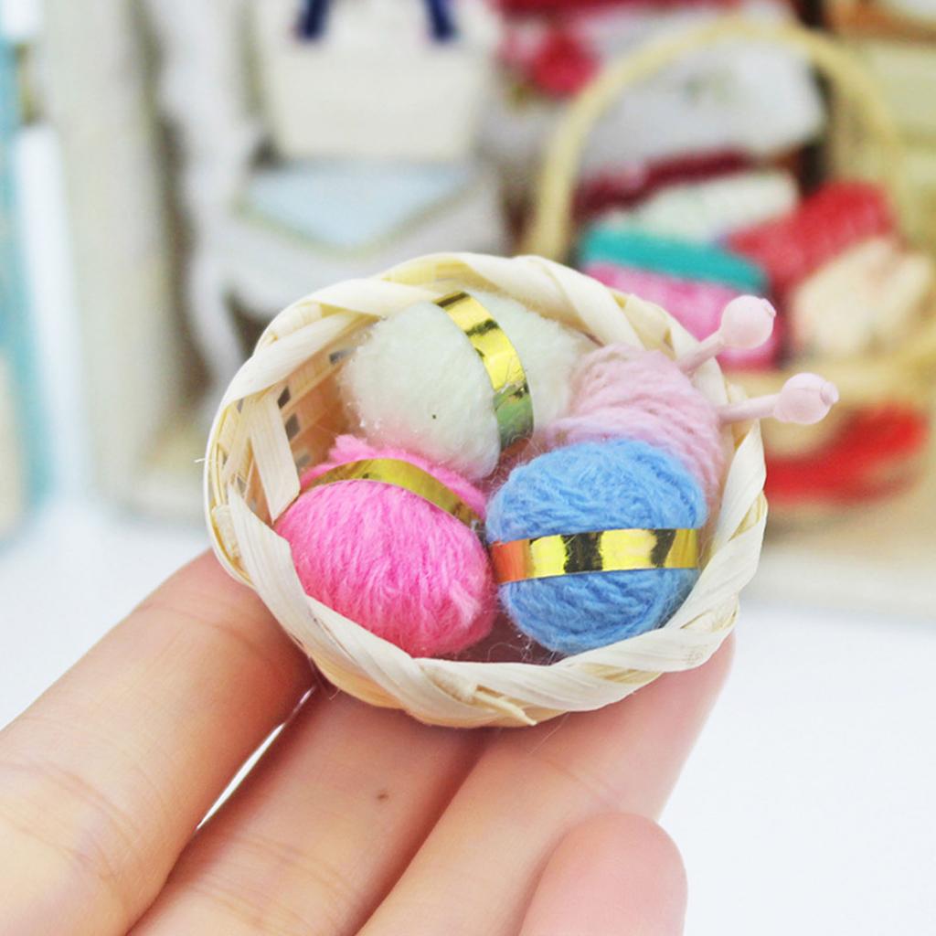 1/12 Scale Dollhouse Miniature Sewing Tools Kits With Yarn Basket and Sewing Box For Realistic Model Scene Crafting