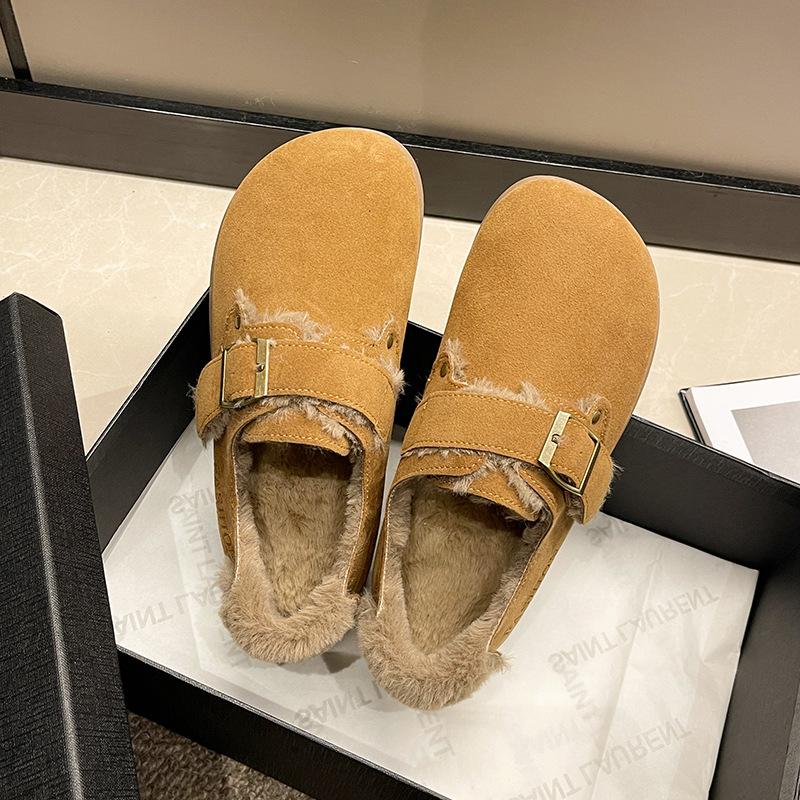 Boken shoes women's 2025 autumn and winter new one-pedal versatile Doudou shoes flat-soled ugly cute velvet thickened warm cotton shoes