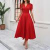 Robe d'été fashion pour femme, couleur unie, col en V, manches courtes