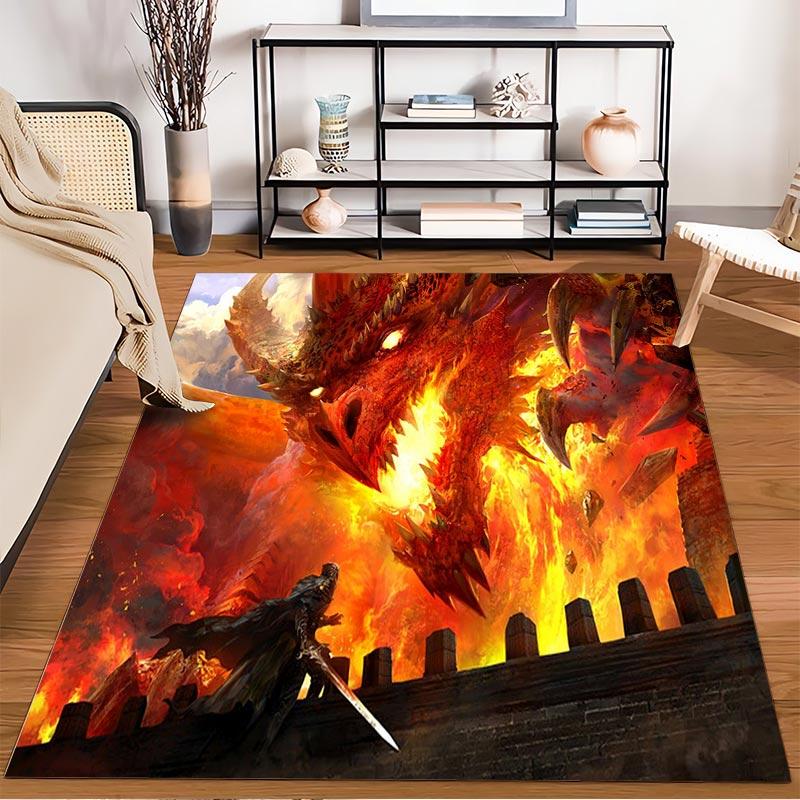 Fantasy Dragon and Warrior Fighting Scene with Flames and Castle Wall Background Suitable for use as an anti-slip1 for1room and bedroom sofas