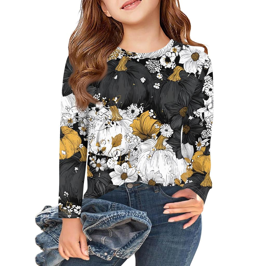Girls Long Sleeve T Shirts Kids Fall Tops Crewneck Halloween Printed Basic Tees 3-9Y