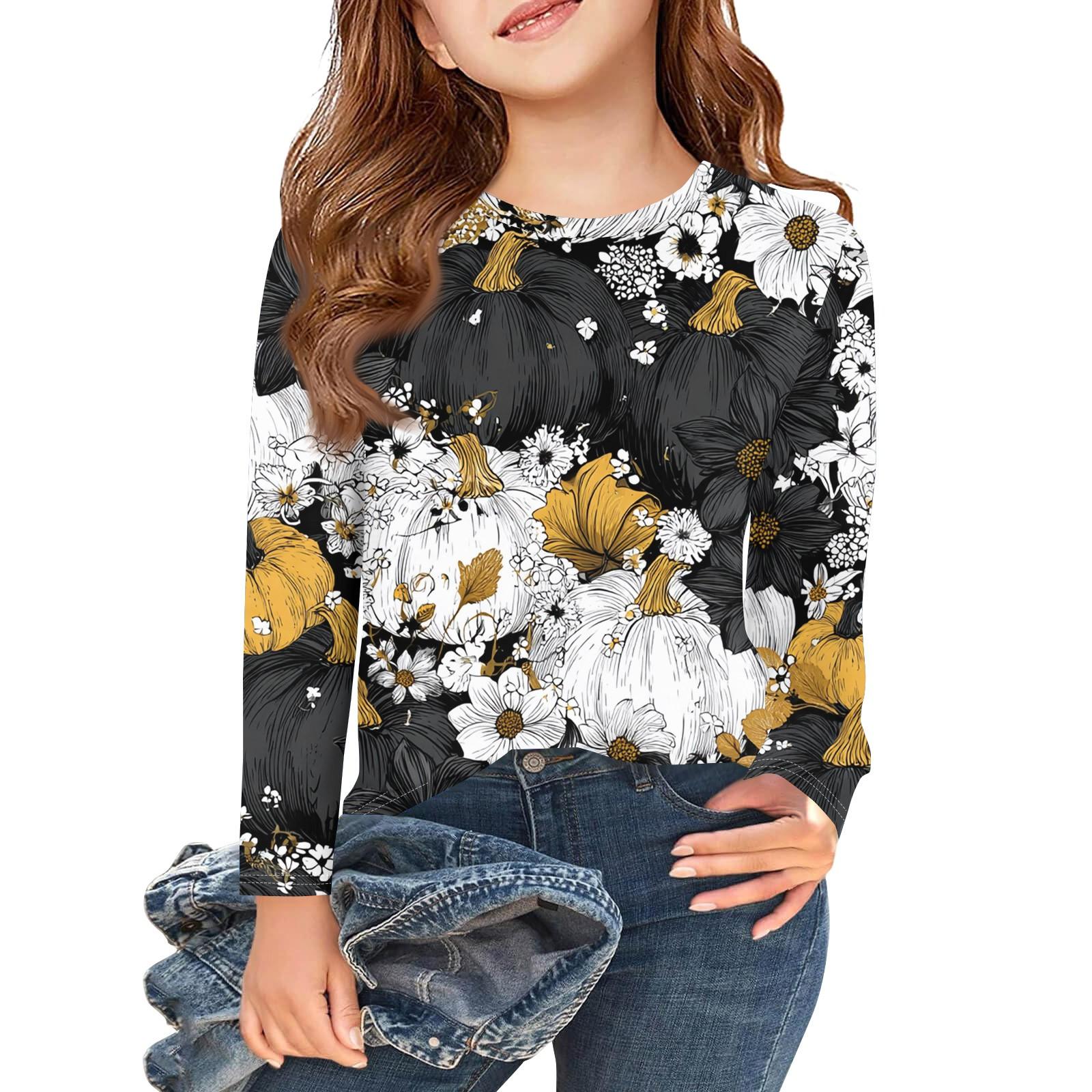 

Girls Long Sleeve T Shirts Kids Fall Tops Crewneck Halloween Printed Basic Tees 3-9Y 110 чорний