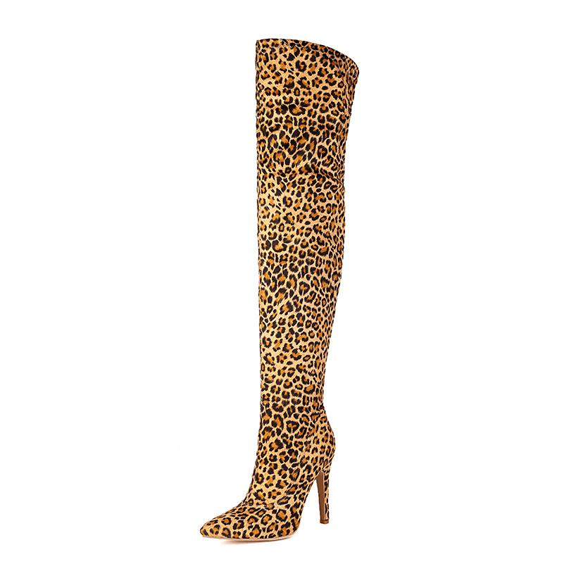 

Plus Size Leopard Print Matte Suede Pointed Ultra High Slim Sexy Women s Long Boots Side Zippers Over The Knee High Boots 39 коричневий