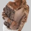 Leopard Print Sequin V-Neck Knitted Sweater for Women - Long Sleeve Pullover