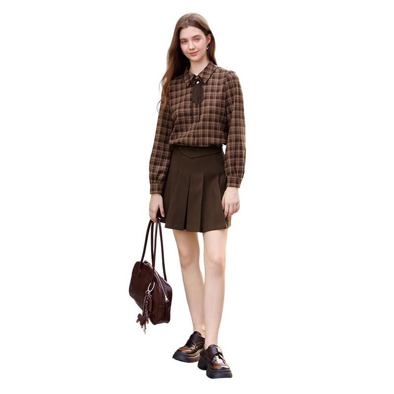 Women s Retro Maillard Coffee Plaid Long-Sleeve Shirt S