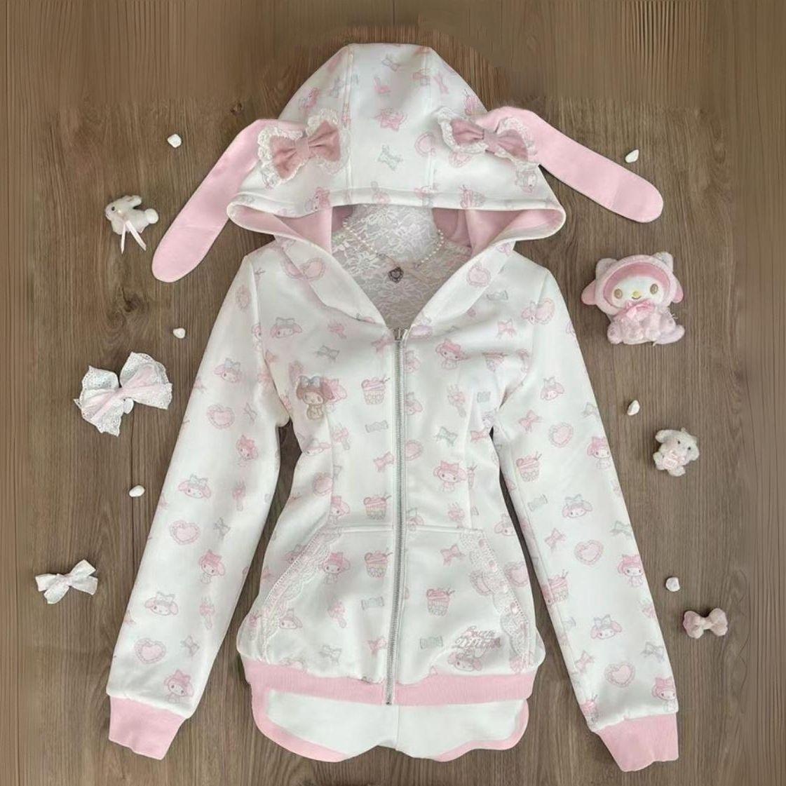 Girls Loose Hooded Long Sleeve Zip Up Sweatshirt with 3D Bunny and Block Lace Trim 120