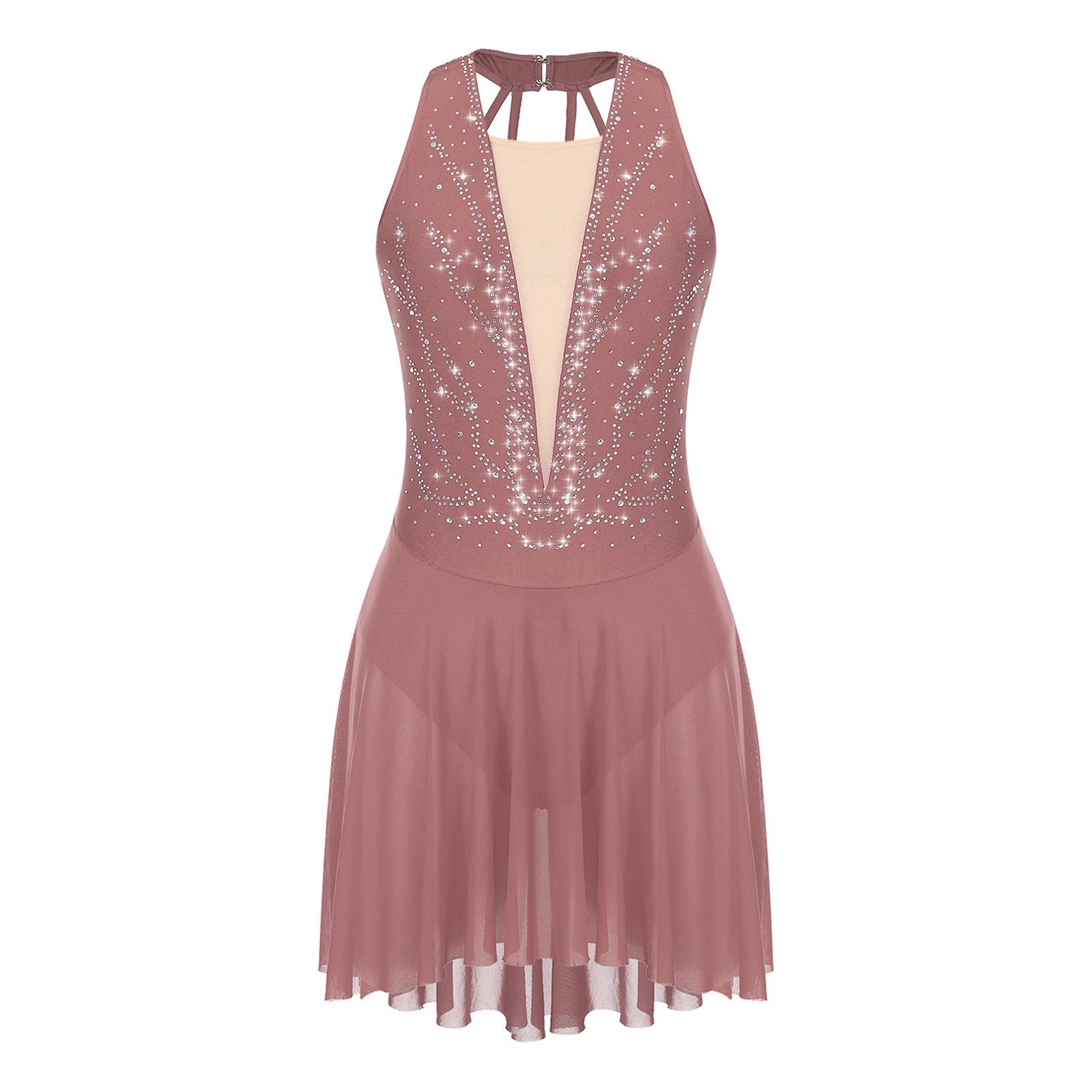 

Womens Sparkly Figure Skating Costume Rhinestone Dress Sheer Mesh Patchwork Sleeveless Backless Dance Dress S коричневий
