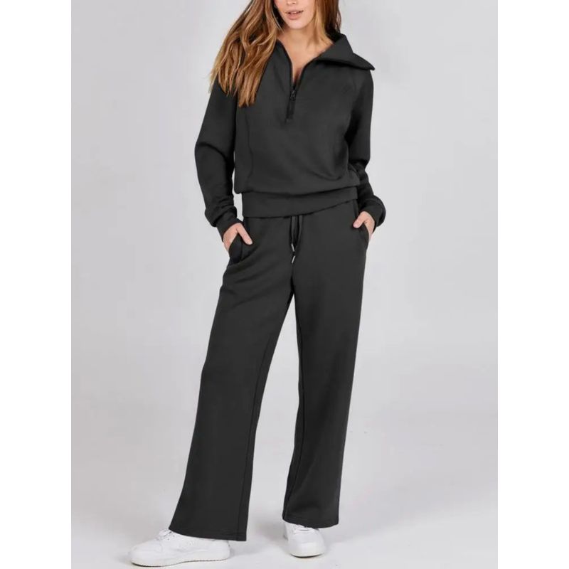 Half Zip Hoodie Wide Leg Pants Set Casual Half Zip Sweatshirt Loose Pants Suit