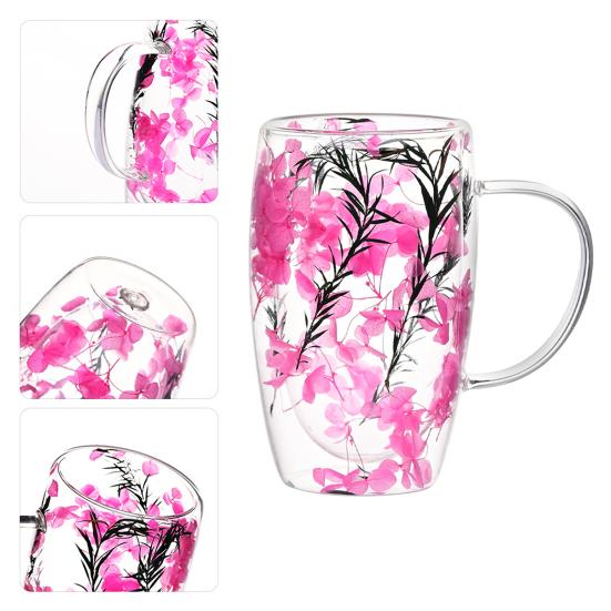 Double Wall Glass Mug with Flower Glitter Inside 450ml Large Capacity Heat & Cold Resistant Transparent Mug Creative Breakfast Coffee Cup