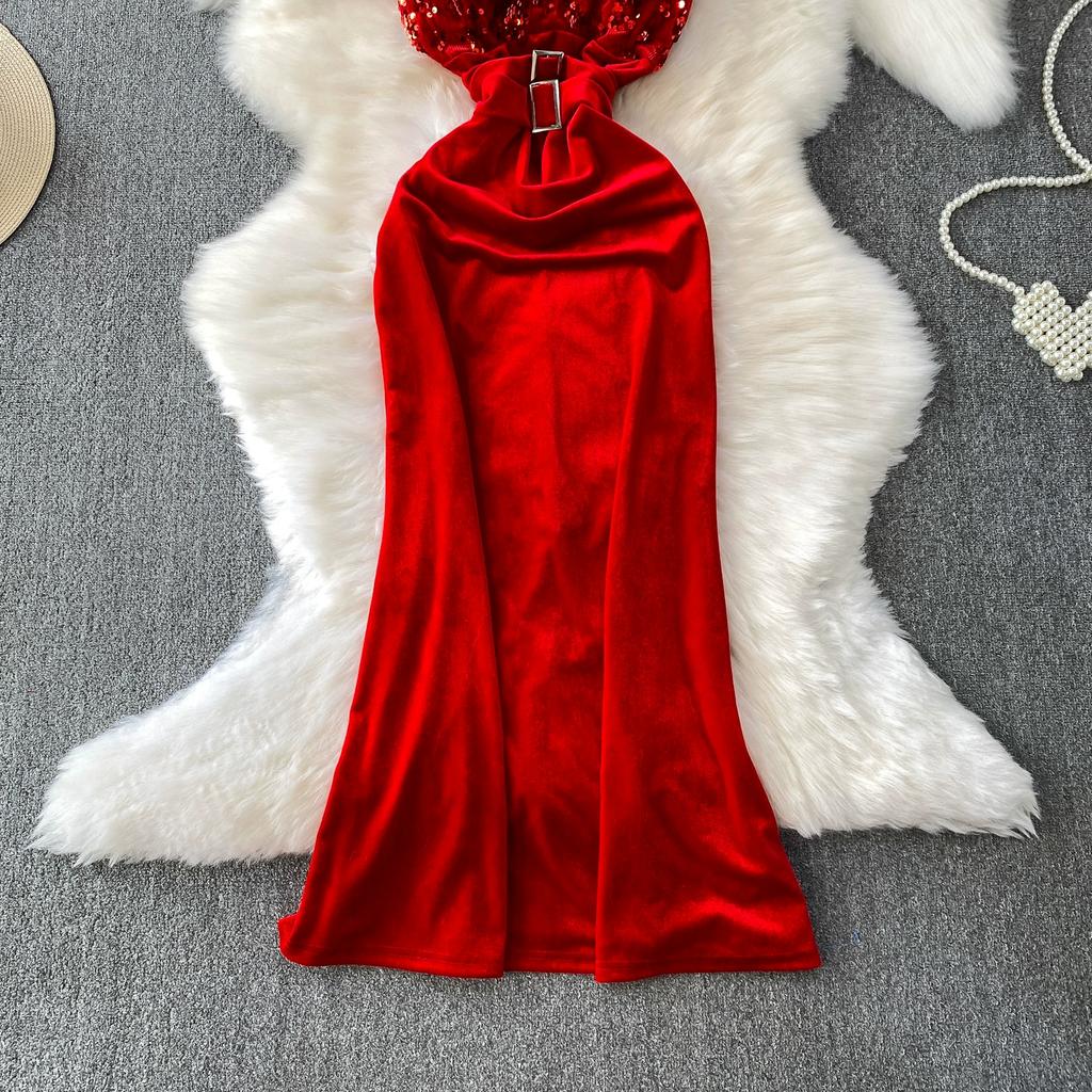 Summer Women Vintage Spaghetti Strap Sequined Velvet Long Midi Slim Bodycon Party Fishtail Dresses