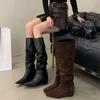 Inner Heightening Khaki Tall Cowboy Western Boots Women's Small Square Head Matte Middle Heel Retro Knight Boots