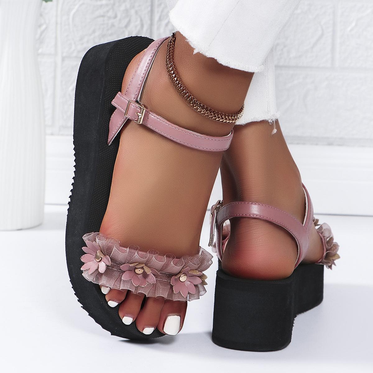 

Women Sandals 2024 Summer Chunky Platform Sandals Soft Leather Medium Heels Sandals Floral Cutout Beach Shoes Zapatos De Mujer 36 розовый