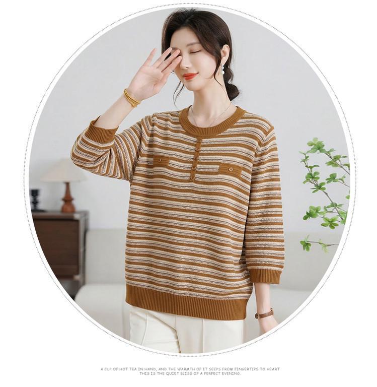 Elegant Korean-Style Striped Knitwear T-Shirt for Women, Plus Size, Loose Fit, Five-Sleeve, Perfect for Middle-Aged & Elderly, Spring Wear.