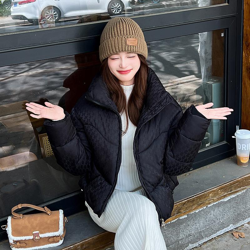 Women’s Short Stand Collar Houndstooth Windproof Thicken Warm Winter Jacket