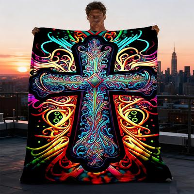 1pc Psychedelic Cross Throw Blanket Polyester Fiber, Lightweight Flannel, Soft & Warm, All Season Use for Outdoor, Camping Digital Print