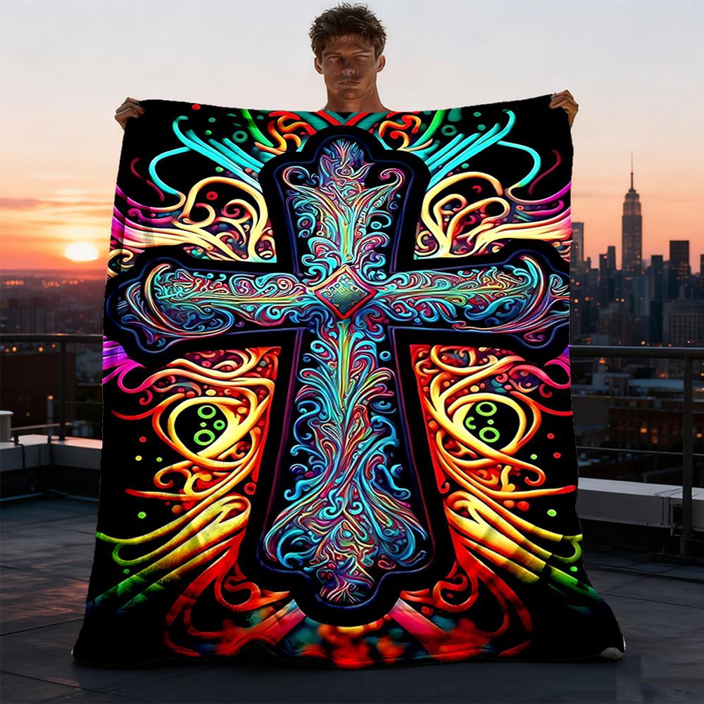 1pc Psychedelic Cross Throw Blanket Polyester Fiber, Lightweight Flannel, Soft & Warm, All Season Use for Outdoor, Camping Digital Print