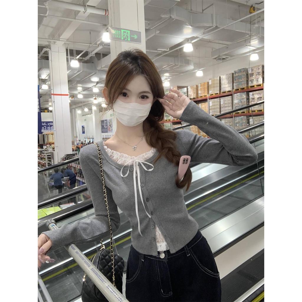 Lace Faux Two-Piece Long-Sleeve T-Shirt for Women - 2025 Spring Slim Style with Bow Detail