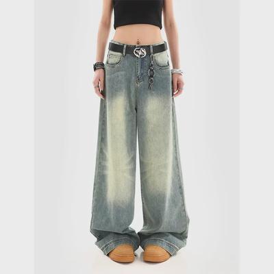 Women's 2024 Retro Blue Wide-Leg Jeans: Heavy Wash, Early Autumn Fashion.
