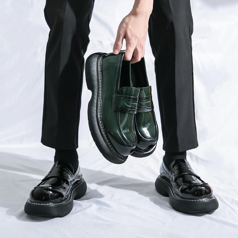 Fashion Size 38-45 Retro Men Le Fu Shoes Lacquer Leather  Black Green Thick Bottom Big Head Leather Shoes Casual Fashion Brand Men Shoes