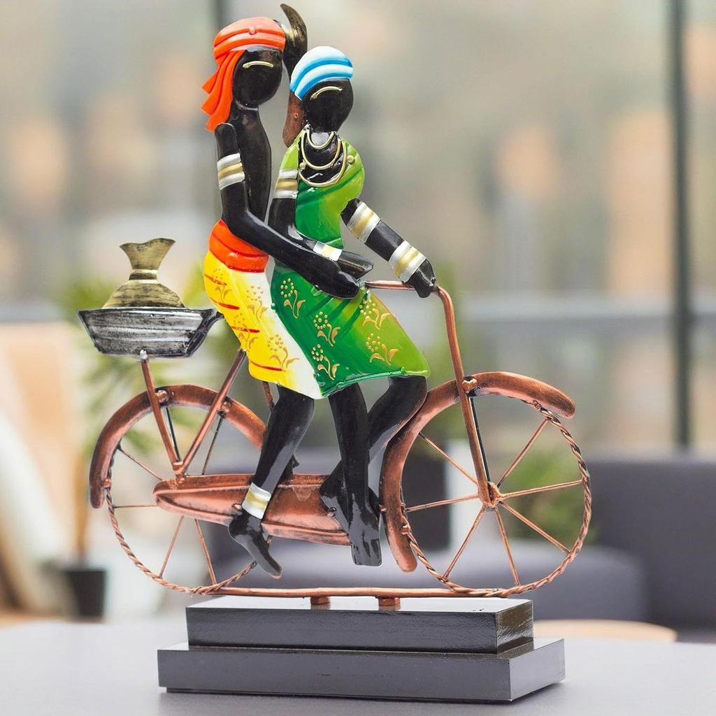 Handcrafted Ethnic Tribal Bicycle Couple Showpiece - 16x13 Inch Tribal Home Décor with Wooden Base for Housewarming, Anniversaries