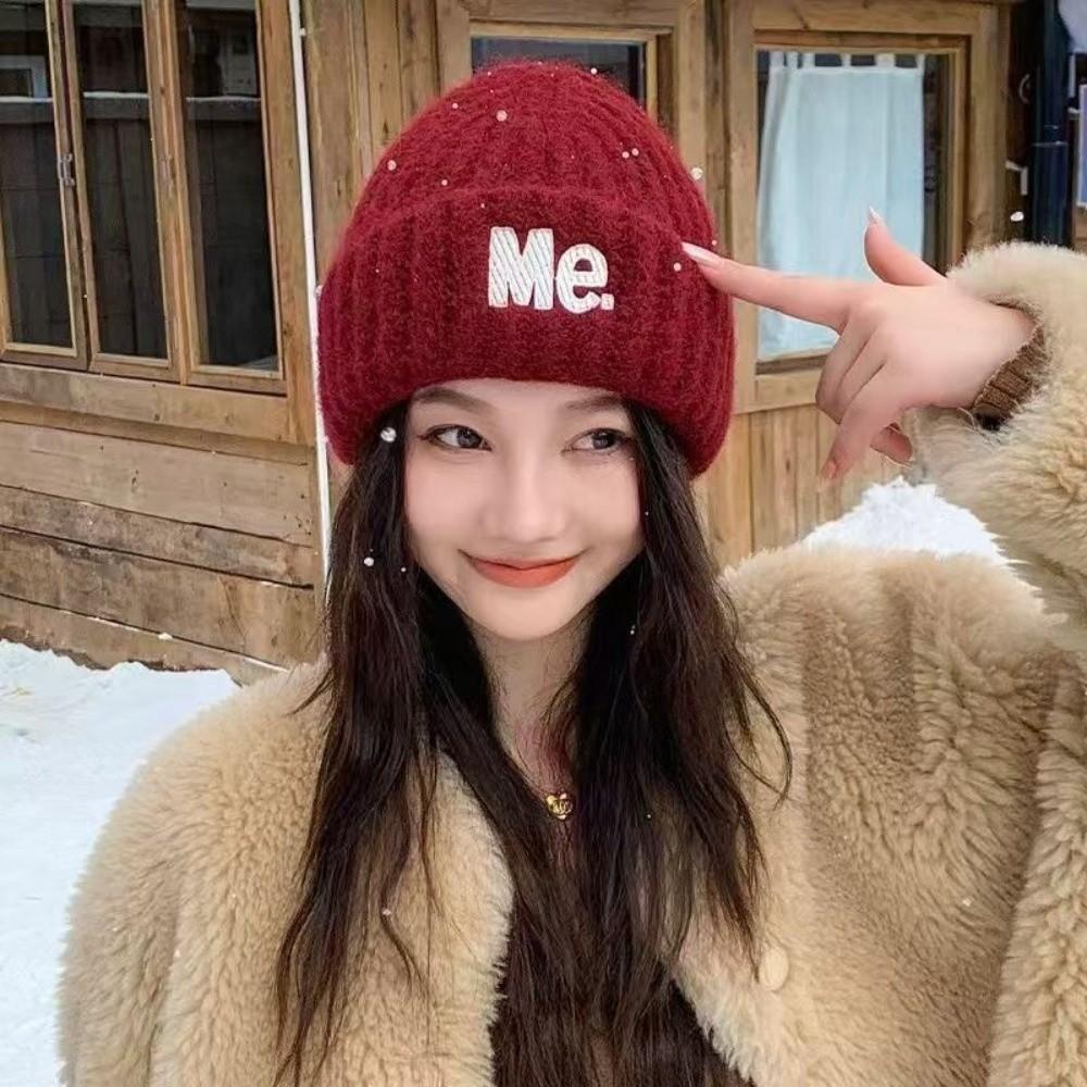 Embroidered Letters Winter Beanie Hat Solid Color Warm Hat Stylish Pullover Hat  For Women