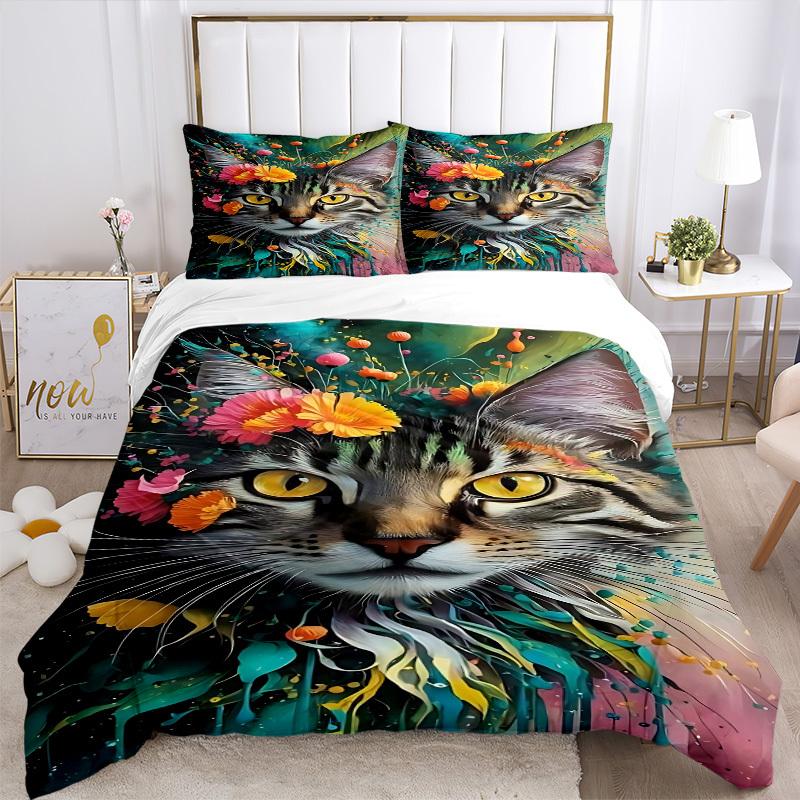 3pcs Floral Cat Artwork Duvet Cover Set -Includes 1 Duvet Cover and 2 Pillowcases, No Quilt Core, All-Season Home Decor Yy251111182