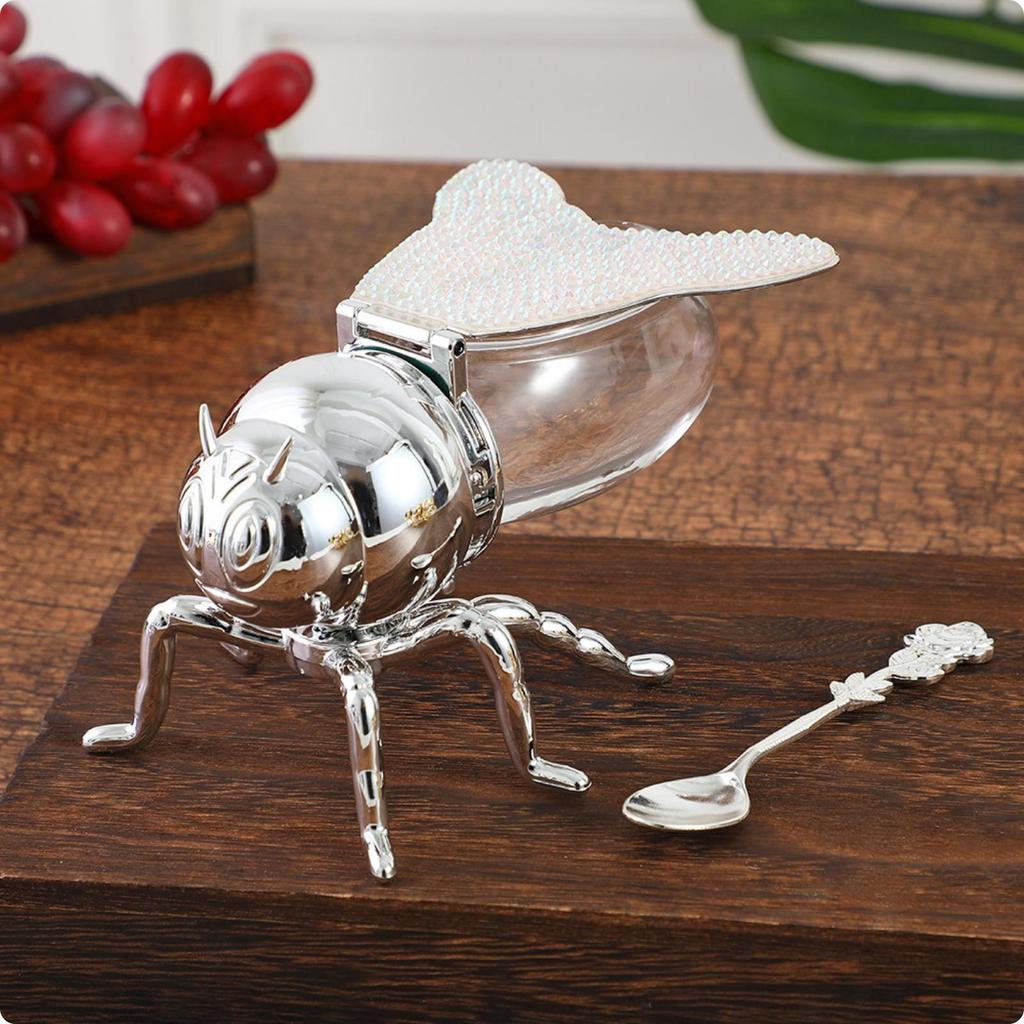BeeShaped Condiment Jar RoseHandled Spoon Bee Shaped Honey Pot for Kitchen Jade Grn