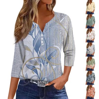 Women's Fashion Casual T-Shirt V-Neck Seven Sleeve Floral Printed Button Top