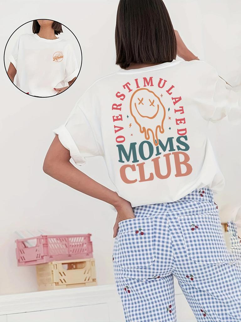 Overstimulated Moms Club Women's Tee - Funny Mom Life Graphic, Casual Black Oversized Top