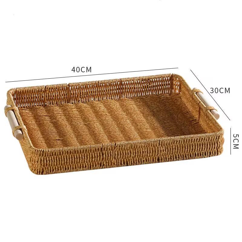 Plastic Storage Tray With Handle Imitation Rattan Weaving Basket Sundries Plate Fruit Platter Tea Tray Dinner Serving Tray