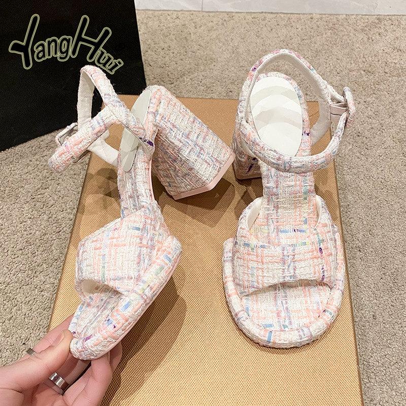 Elegant Temperament Party Thick  High Heels Pumps 2024 New Fashion Exposed Toes Non-slip Printing Women's Sandals Summer