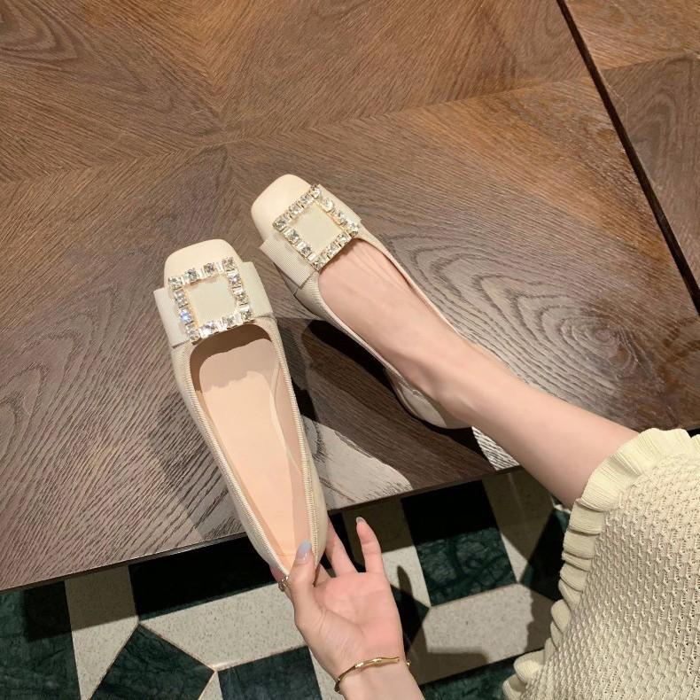 Sheepskin Version~ Classic Temperament Square Buckle Rhinestone Commuting Versatile Single Shoes Women's Autumn Leather Mary Jane Flats Ladyshoes