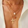 Fashion Imitation Pearl Cross Pendant Necklace, Wind Imitation Crystal Chain, Gemstone Collarbone Necklace.