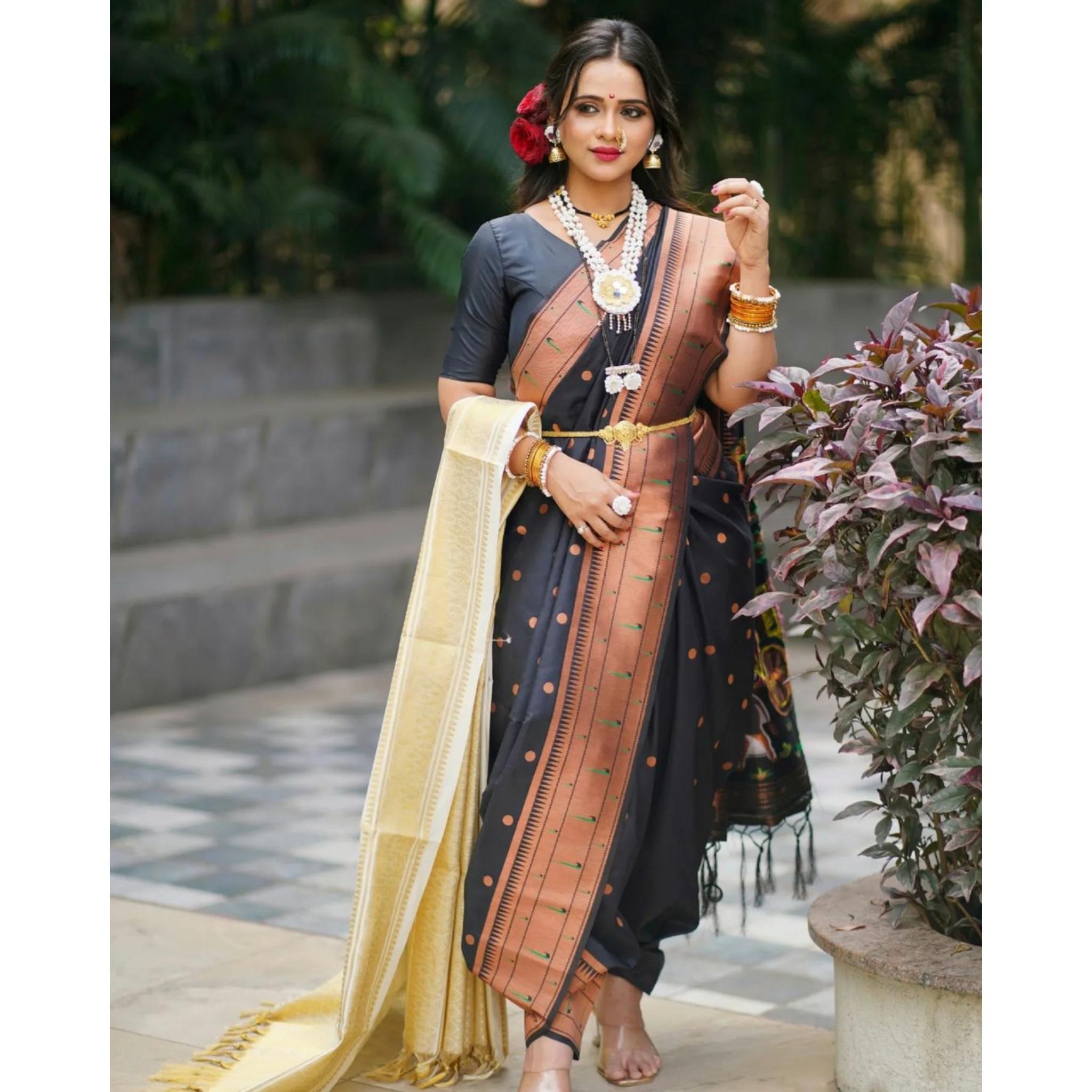 

Индийское традиционное мягкое шелковое сари личи с жаккардовым плетением