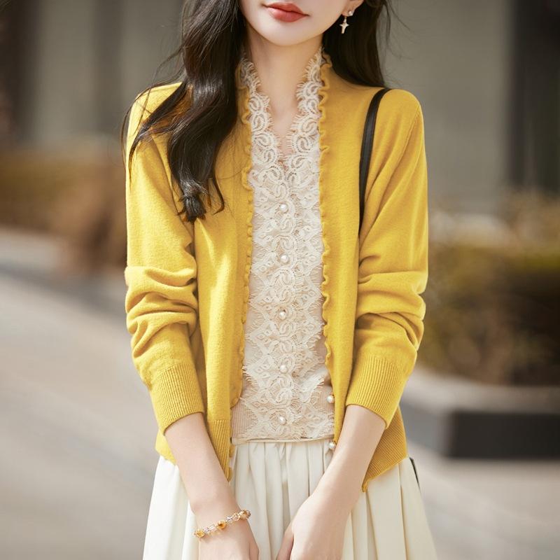 Lace Splicing Fake Two-Piece Knitted Cardigan Women'S New Worsted Wool Long-Sleeved Warm Backing Sweater Top
