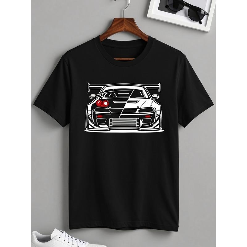 Men'S T-Shirt Featuring a Printed Racing Car Graphic - White with a Sleek Black Sports Car Design, Made from Heavyweight Fabric, Retro Sporty Style